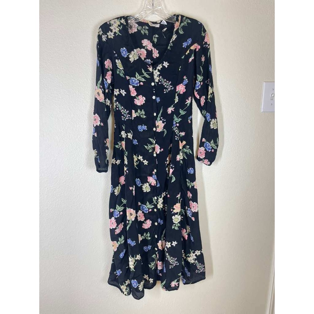Nectar‎ Women Small Black Floral Rayon Button Front Long Sleeve Midi  Vintage
